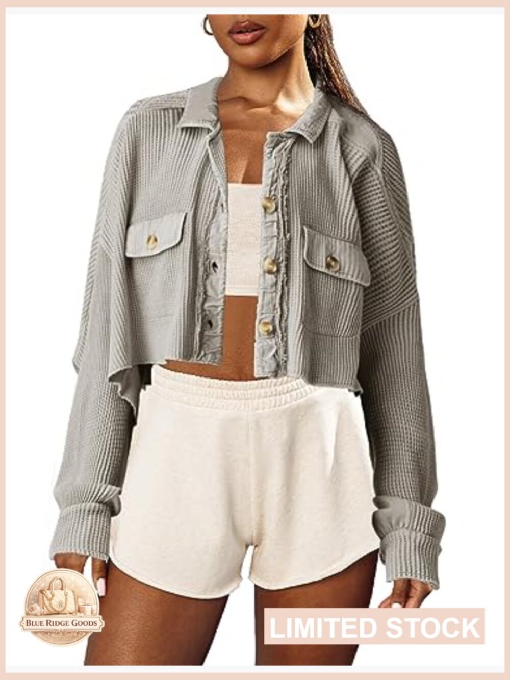 Cropped Waffle Knit Shacket Short Button Down Jacket Batwing Sleeve Pocket - Picture 3 of 6